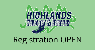 Pale green background with the words Highlands Track and Field in blue with  a running shoe.